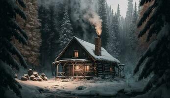 Winter forest hut amid mountain range, smoky fireplace ,generative AI photo