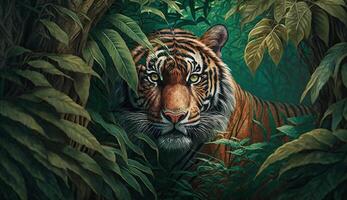 Bengal tiger hiding, staring at prey in forest ,generative AI photo