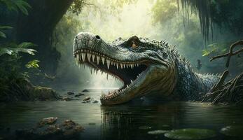 Dinosaur roars fiercely in the prehistoric landscape ,generative AI photo