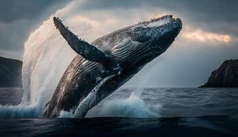 Large humpback whale majestically breaches in natural beauty ,generative AI photo