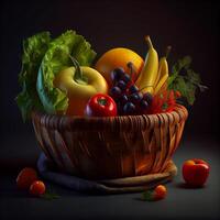 close up fruits and vegetables healthy food in basket ,generative AI photo