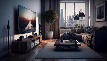 Modern apartment with comfortable sofa and elegant decor ,generative AI photo