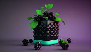 fresh blackberries fruits in purple bowl ,generative AI photo
