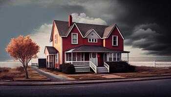 big house front facade with tree scene , photo