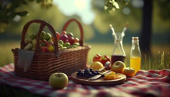 cerca arriba Fresco y sano comida en picnic escena ,generativo ai foto