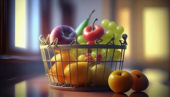 frutas sano comida en decorativo cesta ,generativo ai foto