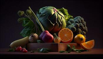 Fresco frutas y vegetales en cocina tablero ,generativo ai foto