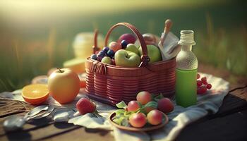 Fresco y sano comida y bebida en picnic escena ,generativo ai foto