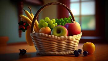basket with healthy food in table , photo