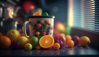 oranges citrus fruits with jar ,generative AI photo