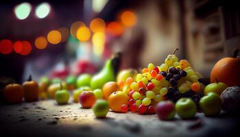 uvas y manzanas sano comida en el piso ,generativo ai foto