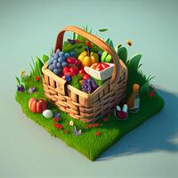 healthy and vegetarian food in basket with grass ,generative AI photo