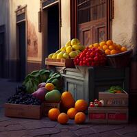 fruits and vegetables store in the street scene , photo