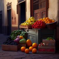 fruits and vegetables store in the street scene ,generative AI photo