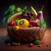 healthy and vegetarian food in straw basket ,generative AI photo