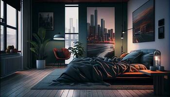 modern apartment bedroom design with window ,generative AI photo