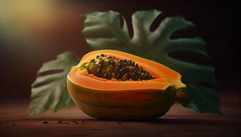 fresh and tropical papaya fruit and leafs ,generative AI photo