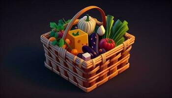 healthy and vegetarian food in basket isometric style ,generative AI photo