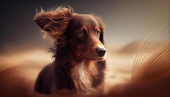 cocker spaniel mascot in sunset scene ,generative AI photo