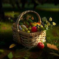 healthy fruits in basket landscape scene ,generative AI photo