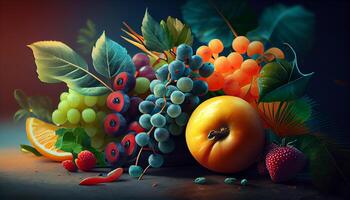 leafs and fresh healthy fruits , photo