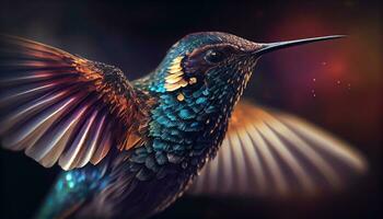 majestic hummingbird flying with rainbow feathers colors ,generative AI photo
