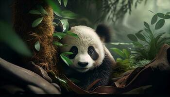little panda bear wild animal scene ,generative AI photo