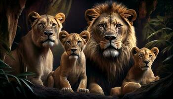 majestic family of lions in the jungle ,generative AI photo