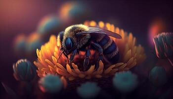 industrious bee flying in flower searching of its pollen ,generative AI photo