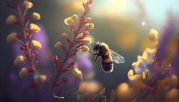 bee flying in flowers searching of its pollen ,generative AI photo