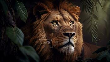 majestic and imposing lion and leafs ,generative AI photo