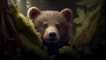 wild bear grizzly with plants nature scene ,generative AI photo