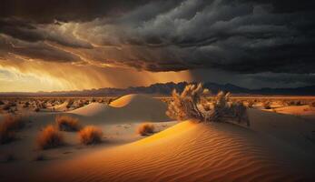 Sand dunes ripple under a dramatic sky generated by AI photo