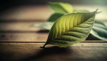 Close up of a green leaf on a plank generated by AI photo