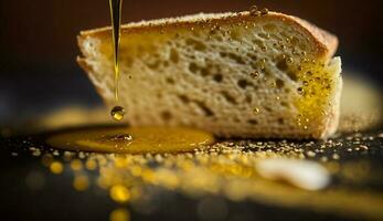 recién horneado un pan en de madera mesa con miel generado por ai foto