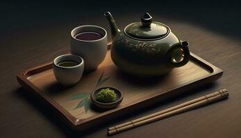 Teapot and tea cup set on wood generated by AI photo