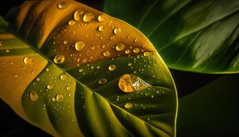 un Fresco gota de agua en un verde hoja vena generado por ai foto