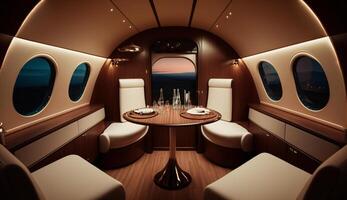 Luxury yacht sailing at night with leather decor generated by AI photo