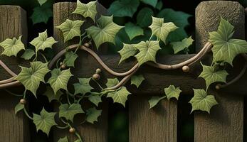 Leafy plant on wooden fence in autumn season generated by AI photo