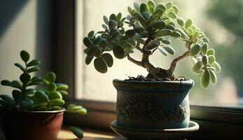 Fresh plant growth in pottery vase on windowsill generated by AI photo