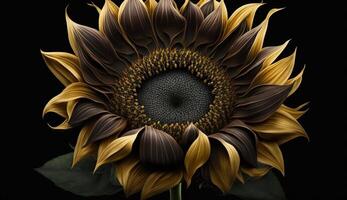 naturaleza amarillo oro girasol floración en negro antecedentes generado por ai foto