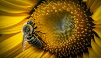 A single yellow flower buzzes with busy honey bees generated by AI photo