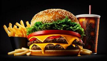 A la parrilla carne de vaca hamburguesa con papas fritas, queso y tomate ,generativo ai foto