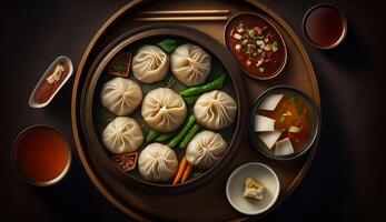 Chinese dumplings steamed with pork and vegetables ,generative AI photo