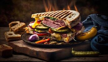 Freshly grilled gourmet sandwich on rustic ciabatta bread ,generative AI photo