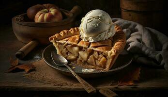 Autumn indulgence Homemade sweet pie on rustic wood ,generative AI photo