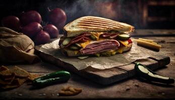 Fresh grilled beef ciabatta sandwich with vegetables ,generative AI photo