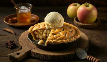 Dessert of fresh apple pie on rustic wooden table ,generative AI photo
