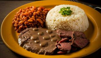 Grilled meat and veggie plate for lunch ,generative AI photo