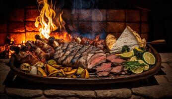 A la parrilla filete en brocheta servido en rústico plato ,generativo ai foto